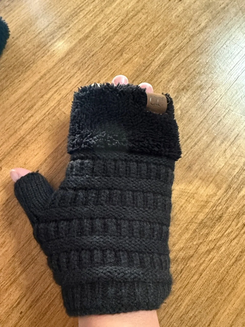 Black Knit Convertible Mittens with Fleece Lining